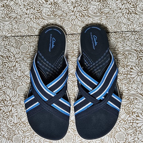 Sandali donna Clarks Cloudsteppers morbidi ammortizzati blu slide taglia 10M Mira Isle