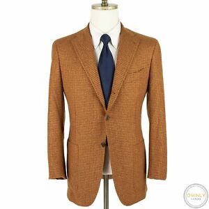 LNWOT Kiton Rust Orange 100% Cashmere Houndstooth Tweed Patch Pkt 3/2 Jacket 39R
