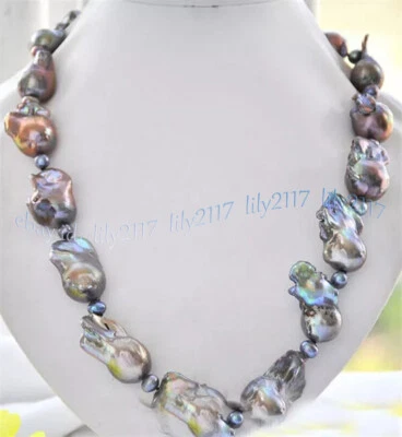 大量 18-28 毫米 天然 PEACOCK 黑色 BAROQUE KESHI REBORN 珍珠项链 18 英寸 — 第 1/4 张图片