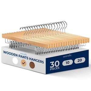 Serenelife 30 Pcs. Premium Wooden Pants Hangers w/ Adjustable Steel Clips - Picture 1 of 7