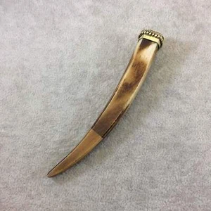 Mixed Brown Square Tusk Bovine Bone Focal Pendant W Dotted Gold Cap - Picture 1 of 2