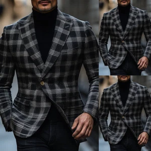Men's Black Tweed Plaid Jacket Business Formal Office Single Breasted Blazers - Picture 1 of 10