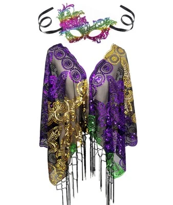 Mardi Gras Poncho Shawl Scarf Cape Masquerade Costume with Mask For Women - Image 1 of 4