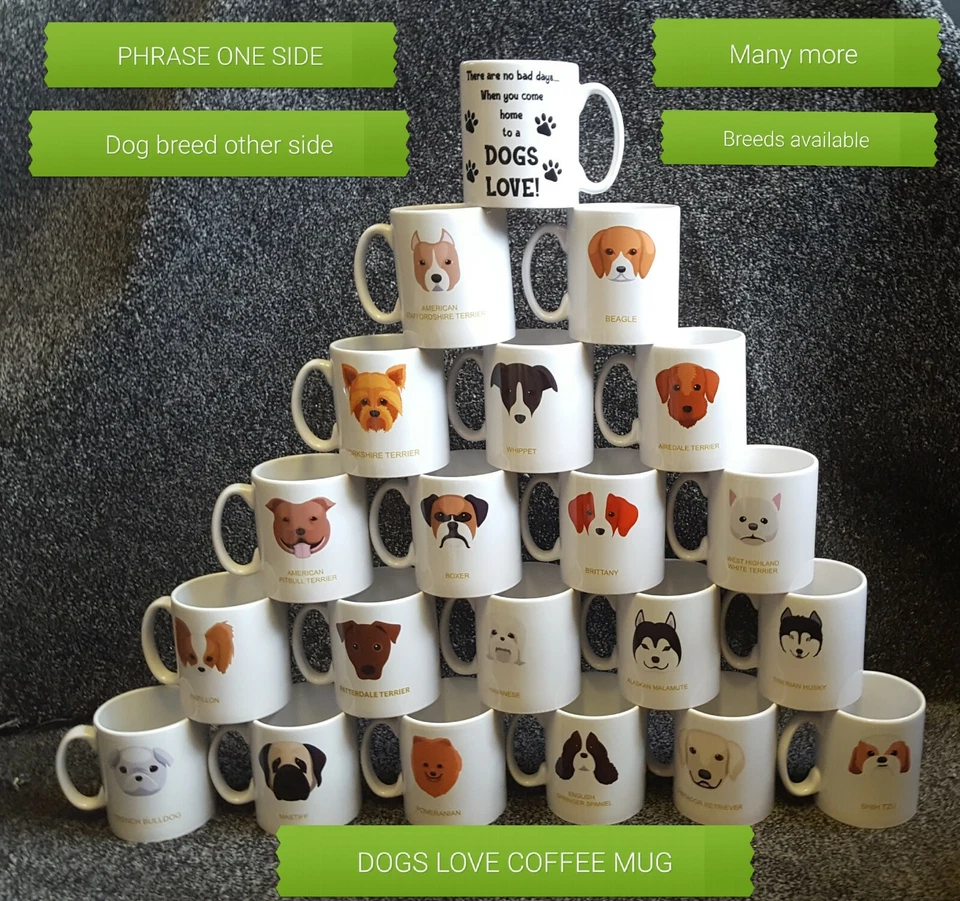 DOG'S LOVE QUOTE(WITH DOG BREED FACE OPPOSITE) NOVELTY COFFEE MUGS, MANY BREEDS