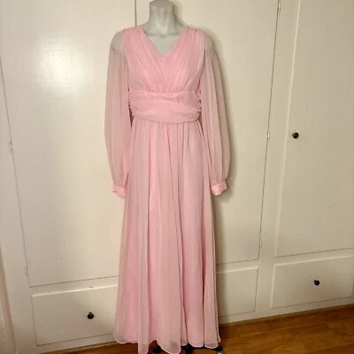 Vestido maxi formal vintage anos 70 rosa chiffon transparente bispo manga longa - Imagem 1 de 4