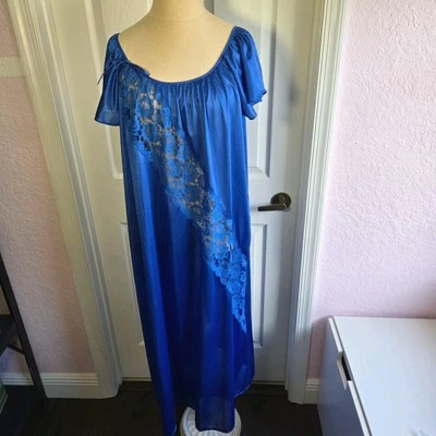Vintage Deena Long Blue Nightgown Gown Nylon And Lace Insert Size M Lingerie USA - Image 1 of 4
