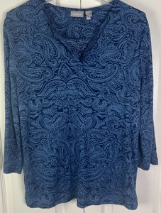 Maglia Chico’s donna taglia 2 grande blu paisley manica 3/4 elasticizzata scollo a V G9 - Foto 1 di 21