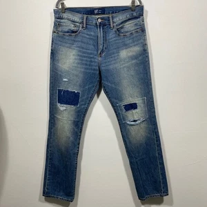 GAP Denim Slim Jeans Size 32x30 Distressed Patched Blue Men's Casual Pants - Picture 1 of 11