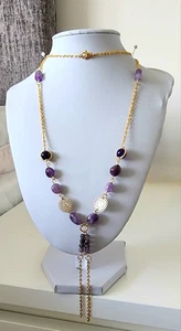 Genuine Amethyst Gemstones With Gold Plated Chain Long Necklace - Picture 1 of 5