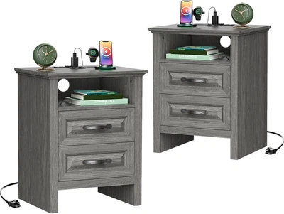 Nightstand Set of 2, Night Stand with Charging Station, Farmhouse Bedside Table - Image 1 of 4