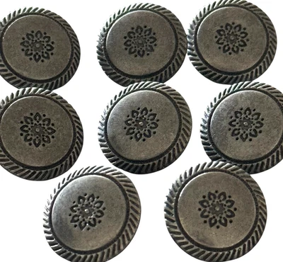 Vintage Metal Buttons Round Floral Rope Border Gunmetal Cottagecore Lot of 8 - Image 1 of 4