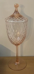 Italian Empoli Glass Optic Peach Pink Pedestal Apothecary Lidded Candy Jar RARE - Picture 1 of 17