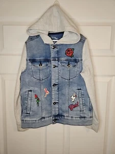 Art Class Jean Jacket Girls Size 8 Knit Sleeve Denim Hooded Long Sleeve - Picture 1 of 7