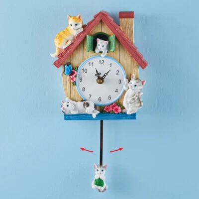 Adorable Playful Kitten Cat Swinging Pendulum Wall Clock Resin Home Decor - Image 1 of 4