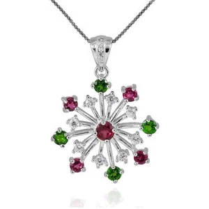 Real Diopside & Tourmaline Snowflake Pendant 18" Necklace Sterling Silver Gift - Picture 1 of 5