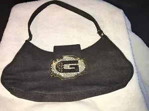 Guess Denim With Heavy Metal Buckle With Stones Handbag -Dark Gray - Picture 1 of 11