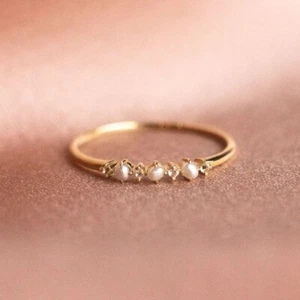 Antique Akoya Pearl and CZ Diamond Half Eternity Band, Solid Gold Half Eternity - Picture 1 of 5