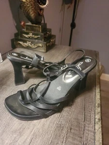FIONI Black Satin Strappy Open Toe Womens Slingback Heels Size 8.5 M Womens Pump - Picture 1 of 9