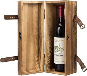 Brown Wood Single Bottle Wine Gift Box with Leatherette Straps, Wine Storage