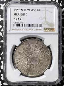 1879-Cn JD Mexico 8 Reales NGC AU55 Lot#G8076 Large Silver! Straight '9' - Picture 1 of 3