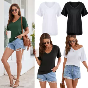 Women's Casual Loose Short Sleeve Solid Color Top Cozy V Neck T Shirt Top S-3XL - Picture 1 of 15