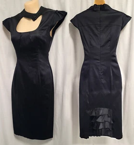 Cue Black Stretch Satin Midi Sheath Dress Bustle Back Size 6 - Picture 1 of 8