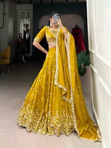 Haldi Special Vichitra Silk Semi Stitched Lehenga Choli, Sequins & Thread Work - Picture 1 of 4