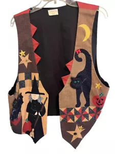 Vintage Handmade Tan Orange Halloween Witch Black Cat Bat Appliqué Vest - Picture 1 of 6