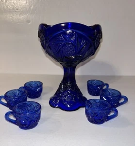 Cobalt Blue Glass Mini Pedestal Punch Bowl And 6 Cups Pinwheel Pattern 7 Pieces - Picture 1 of 12