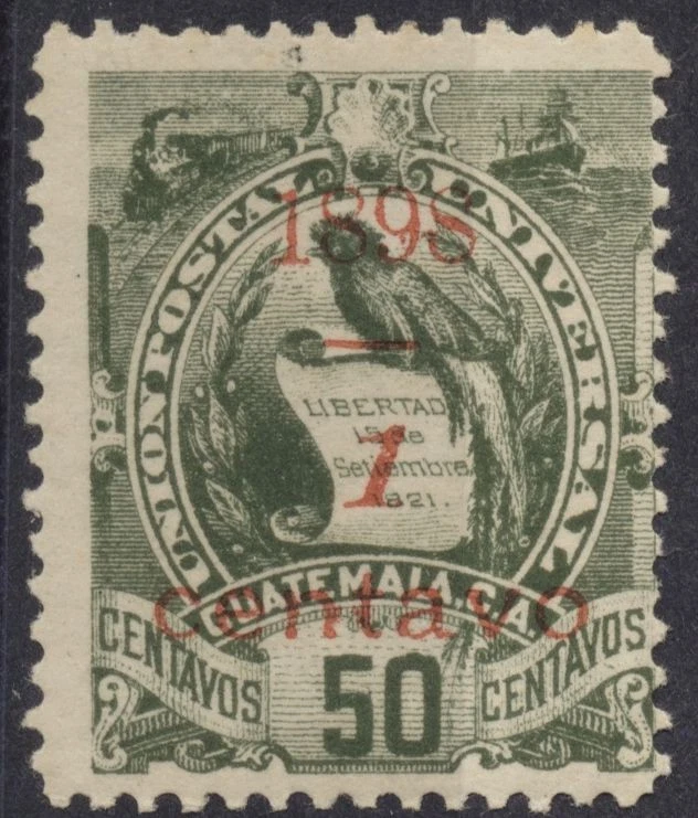 Guatemala #76 Verde Oliva Rojo Recargo 1c en 50c Quetzal 1898 Sello Como Nuevo LH Foto 1 de 1