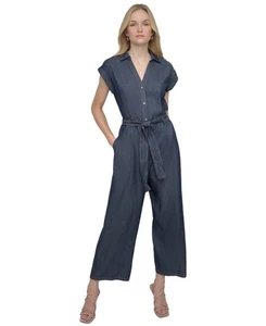 Dkny Women's Point Collar Tie-Waist Chambray Jumpsuit - Dark Benson - 12 - Picture 1 of 4