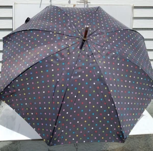 Vintage Totes Umbrella Parasol Black w Rainbow Polka Dots Long Wood Hook Handle - Picture 1 of 12