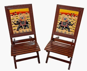 Handmade Wooden Ethinic Antique Designer Folding Chairs Set for Home, 2 Piece - Picture 1 of 9