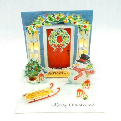 Festive Door Light Up Christmas Card Snowman 3D Pop Up Holiday Greeting Card - Image 1 of 4
