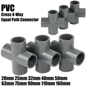 PVC Cross 4-Way Equal Path Connector 20~160mm Socket Coupling Pipe Fitting Grey - Picture 1 of 22