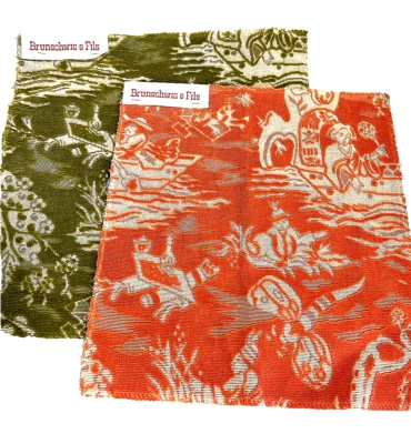 Asian  Chinese Velvet Upholstery Fabric Set / 2 Green Coral Pink 12" Sq Belgium - Image 1 of 4