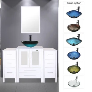 48" Bathroom Vanity Modern 2 Small Cabinet Tempered Glass Vessel Sink No Mirror - Picture 1 of 30