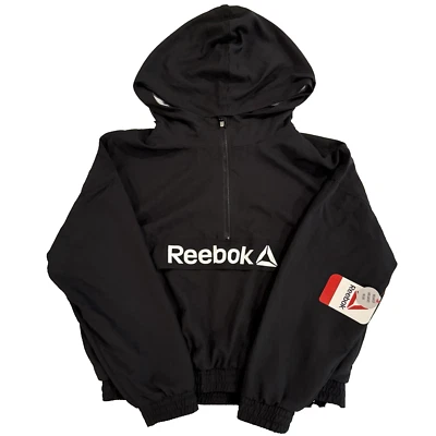 Reebok Cropped Windbreaker Girls M 7-8 Black Hood ½ Zip Active Relaxed Logo NEW - Image 1 of 4