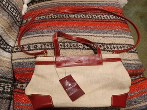 New Handbag Etienne Aigner Satchel Beige Linen with Red Leather Trim Purse - Picture 1 of 10