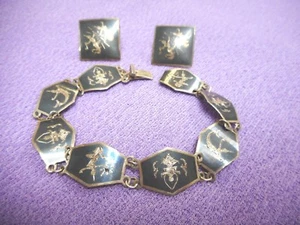 Vintage Siam Sterling Silver Bracelet & Earring SET Niello Thai Dancer - Picture 1 of 12