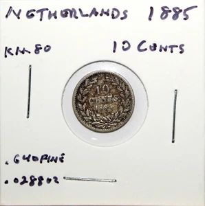 Niederlande 1885 Silber 10 Cent KM80 Kostenloser Versand - Bild 1 von 2
