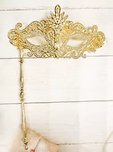 Clear Crystal Masquerade Mask with Stick, Gold Masquerade Mask, Wedding Party - Picture 1 of 7