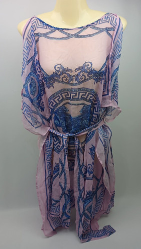 Abito cover up Versace donna rosa blu barocco seta georgette