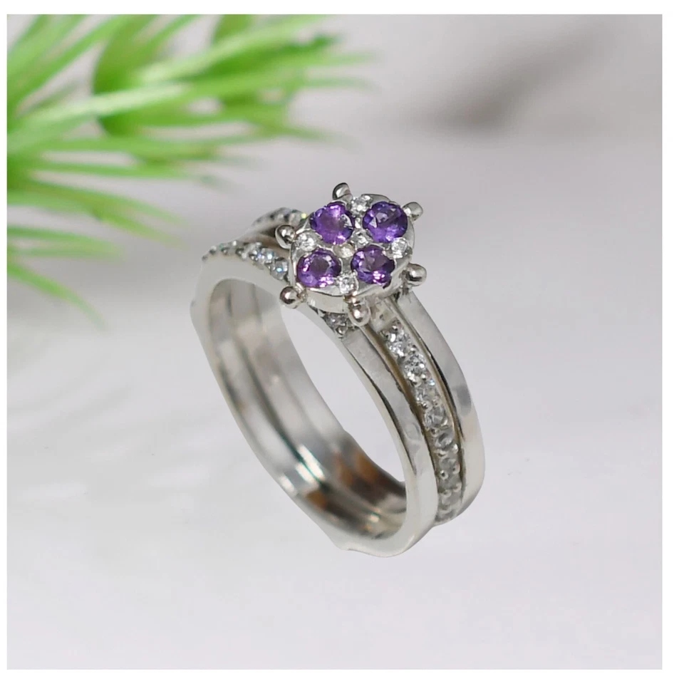 Juego de anillos con racimo de amatista, anillo de plata de ley 925, anillo llamativo, anillo de mujer Foto 1 de 4