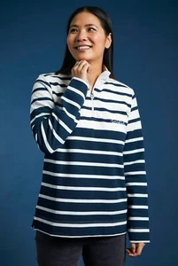 RRP £60, WEIRD FISH Lourve Organic Cotton Pique 1/4 Zip Striped Sweatshirt Ecru - Picture 1 of 6