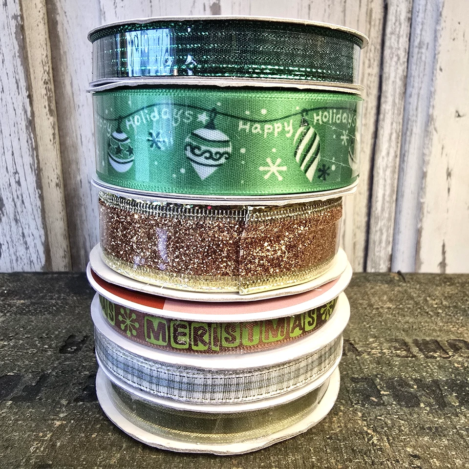 6 PC Set Celebrate It Christmas Ribbon Green Copper Gold 1/4" 3/8" & 7/8" NEW - Image 1 of 2