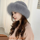 Womens Real Rabbit/Rex Fur Hat Bowler Hat Knitted Cap Warm Beanie W Fox Fur Brim