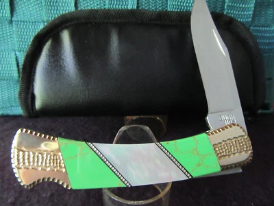 Buck 110 Custom. Gold Veined Gaspeite. Mother of Pearl. Excellent. New in Pouch. - Image 1 of 4