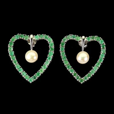 925 Sterling Silver Earrings Round Emerald Pearl Natural Gemstone Jewelry - Image 1 of 4