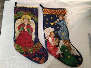 Vntg. 2 Christmas Embroidered Stockings 7" - Picture 1 of 4
